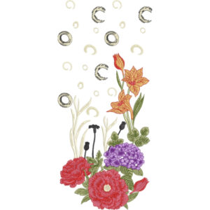 Elegant Floral Embroidery Design with Decorative Circular Accents and Botanical Arrangement
