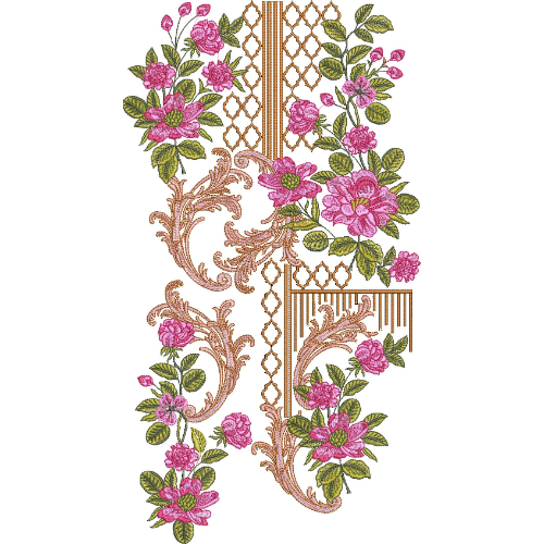 Elegant Floral Neck Embroidery Design with Ornamental Scrollwork and Rose Vine Border Pattern