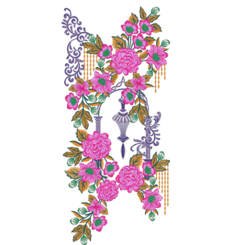 Luxury Floral Neck Embroidery Design with Ornamental Scrollwork and Rose Bouquet Pattern
