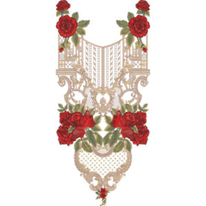 Luxury Rose Neck Embroidery Design with Ornamental Baroque Scrollwork and Decorative Floral Panel Pattern