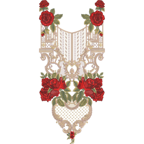 Luxury Rose Neck Embroidery Design with Ornamental Baroque Scrollwork and Decorative Floral Panel Pattern