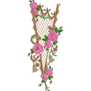 Luxury Floral Neck Embroidery Design with Ornamental Lattice Panel and Rose Vine Pattern
