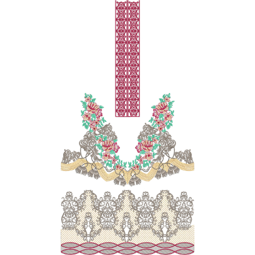 Elegant Floral Neckline Embroidery Design with Ornamental Lace Border and Decorative Panel