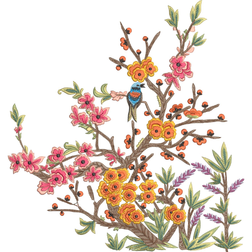 Elegant Bird on Blossom Branch Embroidery Machine Design with Decorative Floral Garden Pattern