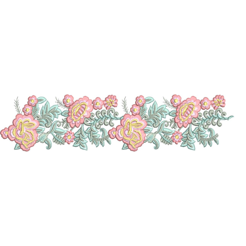 Elegant Pastel Floral Bouquet Leafy Vine Repeating Decorative Border Lace Embroidery Design