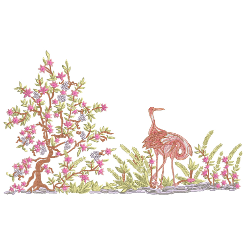 Elegant Flamingo Blossom Tree Botanical Landscape Decorative Embroidery Lace Design