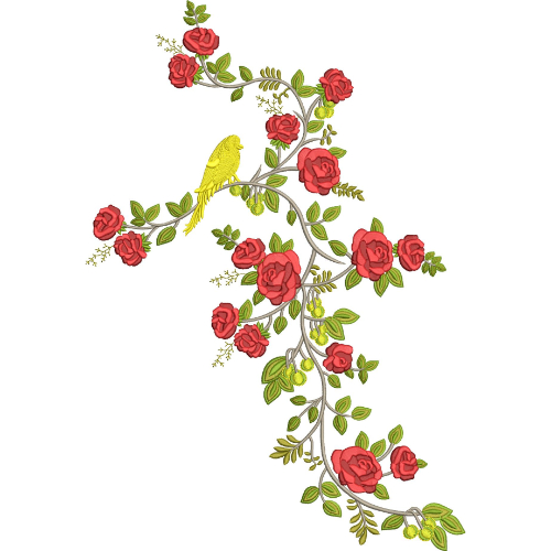 Elegant Bird and Rose Floral Vine Embroidery Machine Design with Decorative Botanical Pattern
