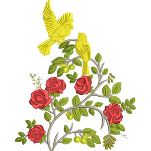 Elegant Twin Birds with Rose Floral Branch Embroidery Machine Design Pattern