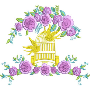 Elegant Birdcage with Flying Birds and Floral Garland Embroidery Machine Design Pattern