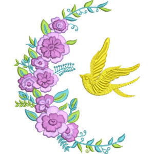 Elegant Flying Bird with Floral Vine Embroidery Machine Design Decorative Botanical Pattern