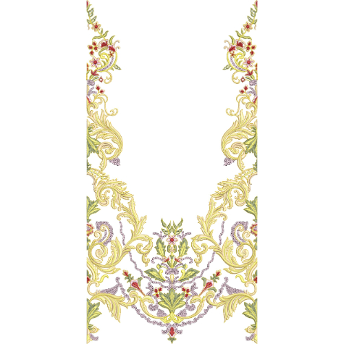 Ornate Baroque Floral Scrollwork V-Neckline Embroidery Design