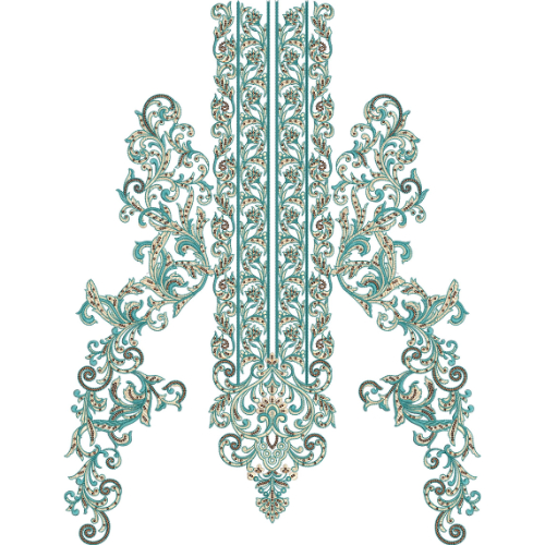 Elegant Ornate Paisley Scrollwork V-Neckline Embroidery Design