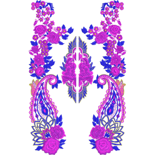 Vibrant Paisley Floral V-Neckline Embroidery Design