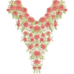 Elegant Pink Rose Floral V-Neck Embroidery Design