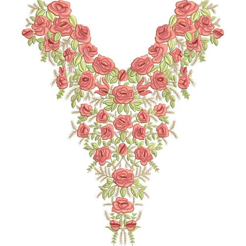 Elegant Pink Rose Floral V-Neck Embroidery Design