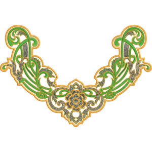 Elegant Green and Gold Ornamental U-Neck Embroidery Design