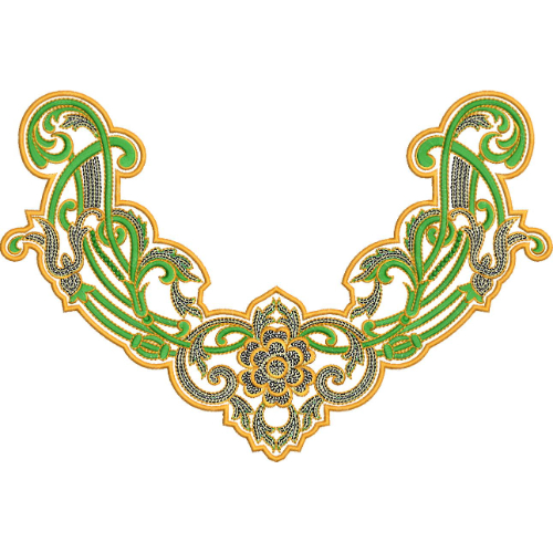 Elegant Green and Gold Ornamental U-Neck Embroidery Design