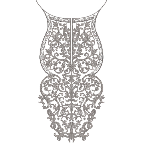 Elegant Gray Ornamental Floral Keyhole Neckline Embroidery Design