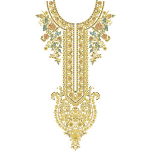 Elegant Gold Floral Ornamental Keyhole Neckline Embroidery Design