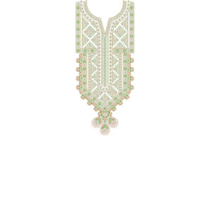 Elegant Green and Gold Geometric Floral Keyhole Neckline Embroidery Design