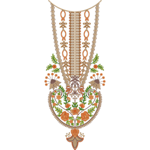 Elegant Multicolor Floral Ornamental Keyhole Neckline Embroidery Design