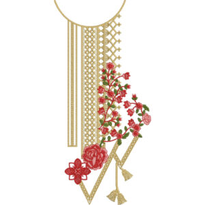 Elegant Gold and Red Floral V-Neckline Embroidery Design