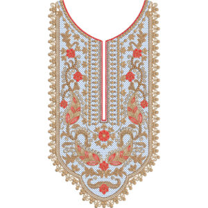 Elegant Blue and Red Floral U-Neckline Embroidery Design