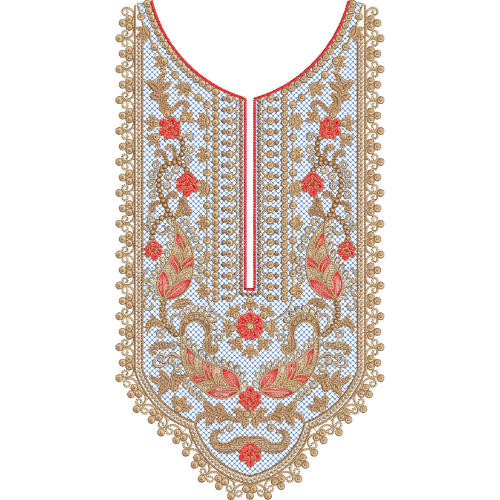 Elegant Blue and Red Floral U-Neckline Embroidery Design