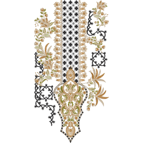 Elegant Gold and Black Floral Geometric Keyhole Neckline Embroidery Design
