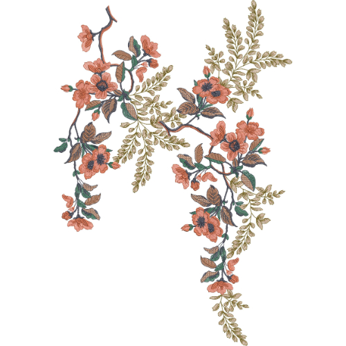 Elegant Peach Floral Vine Asymmetrical Neckline Embroidery Design