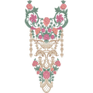Elegant Floral Urn and Ornamental Vine Embroidery Neckline Design
