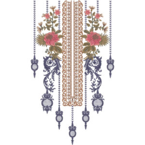 Elegant Floral Scrollwork and Hanging Ornament Embroidery Neckline Design