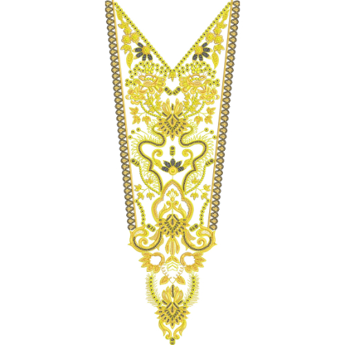 Elegant Golden Ornamental V-Neckline Embroidery Design