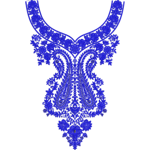 Elegant Blue Paisley Floral Ornamental Neckline Embroidery Design