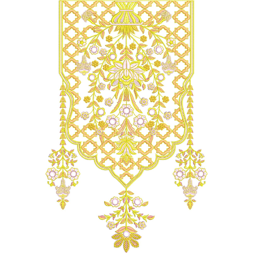 Elegant Golden Floral Lattice Panel Neckline Embroidery Design