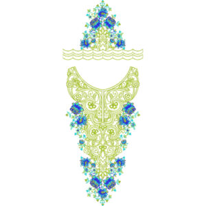 Elegant Blue Floral Scrollwork Neckline Embroidery Design
