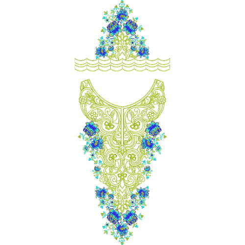 Elegant Blue Floral Scrollwork Neckline Embroidery Design