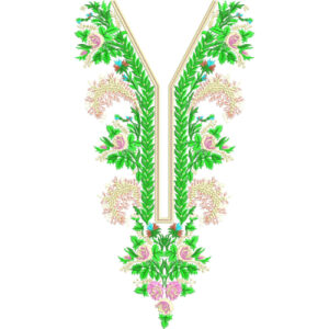 Elegant Green and Pink Floral V-Neckline Embroidery Design