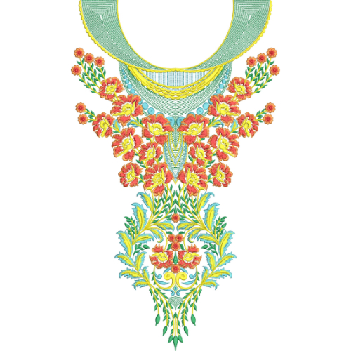 Elegant Turquoise and Orange Floral Necklace Embroidery Design