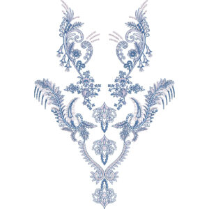 Elegant Blue Feather and Floral V-Neckline Embroidery Design