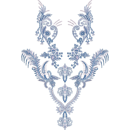 Elegant Blue Feather and Floral V-Neckline Embroidery Design