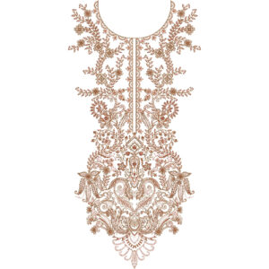 Elegant Peach Floral Scrollwork and Paisley Neckline Embroidery Design