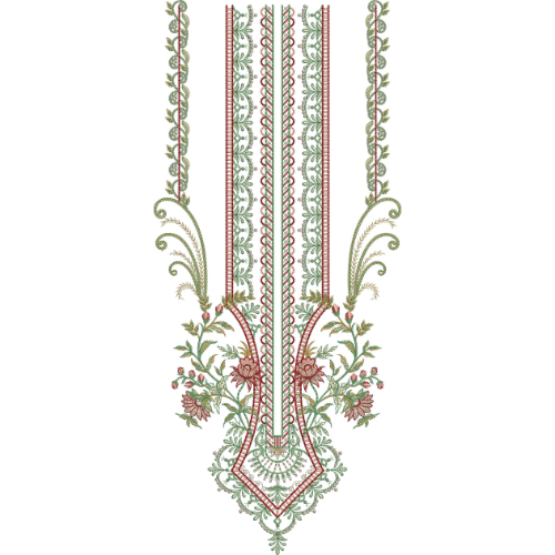 Elegant Green and Peach Floral Border Neckline Embroidery Design