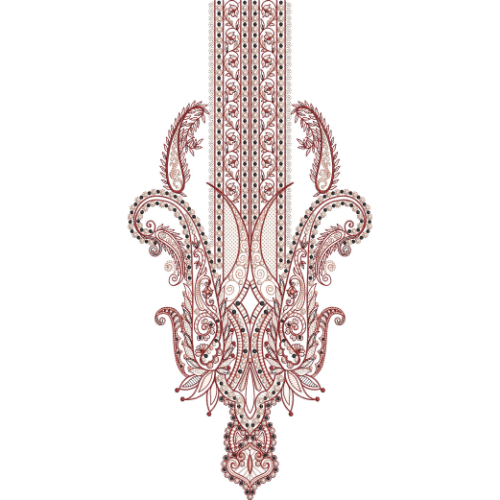 Elegant Burgundy Paisley and Geometric Neckline Embroidery Design