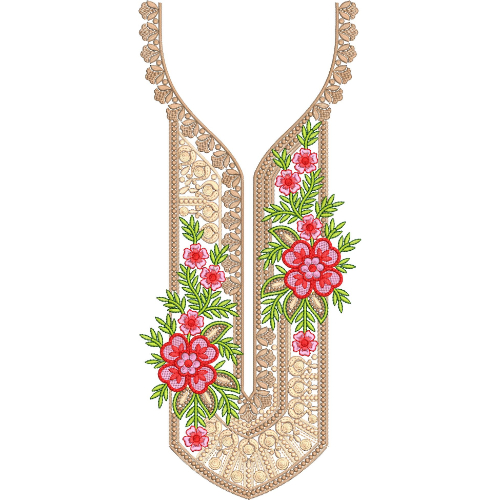 Elegant Floral and Lace Pattern Neckline Embroidery Design