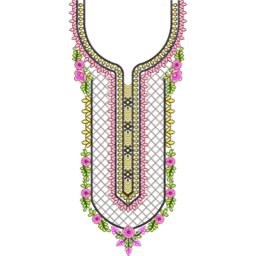 Pink Floral and Geometric U-Shaped Neckline Embroidery Design