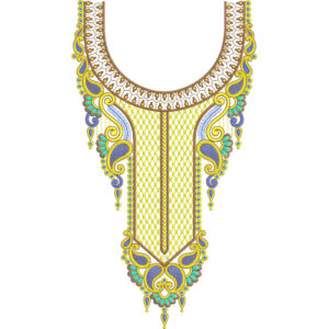 Elegant Blue and Gold Paisley Geometric Neckline Embroidery Design