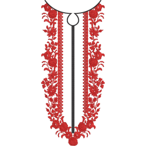 Red Floral Button-Style Neckline Embroidery Design