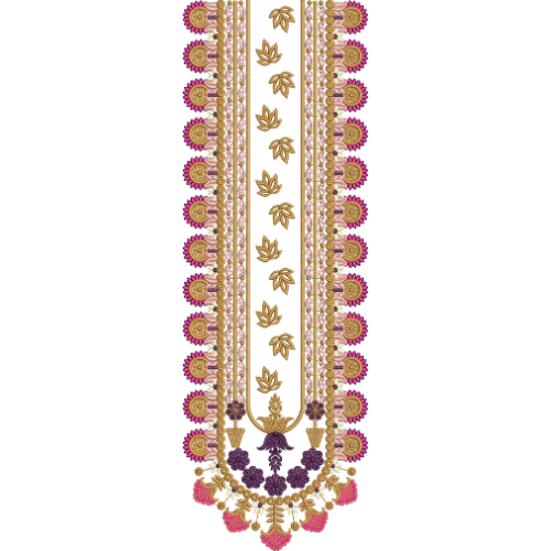 Pink and Gold Floral Placket Neckline Embroidery Design
