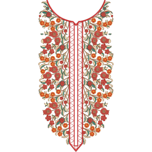 Multicolor Floral Vine Placket Neckline Embroidery Design